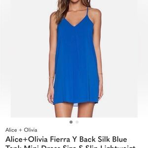 Alice + Olivia Fierra Y back silk blue tank mini dress